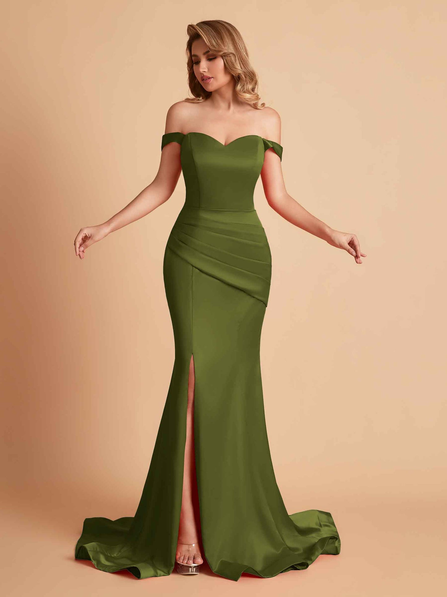Elegant Satin Off the Shoulder Mermaid Side Slit Floor Length Bridesmaid Dresses
