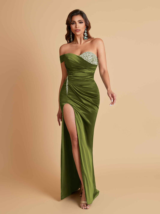 Sexy Soft Satin Mermaid One Shoulder Side Slit Floor-Length Mermaid Bridesmaid Dresses