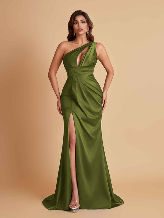 Sexy One Shoulder Soft Satin Side Slit Floor-Length Mermaid Bridesmaid Dresses