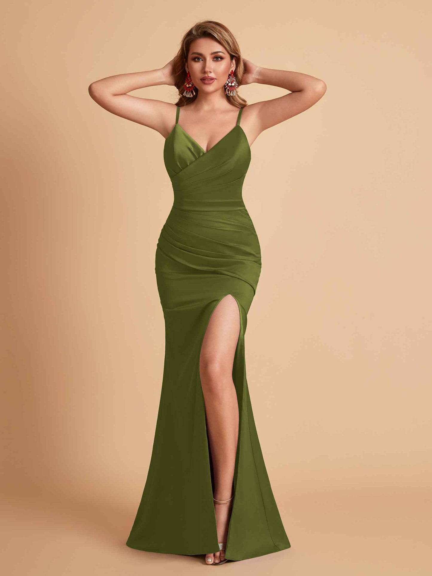 Sexy Satin V-neck Side Slit Mermaid Floor Length Bridesmaid Dresses