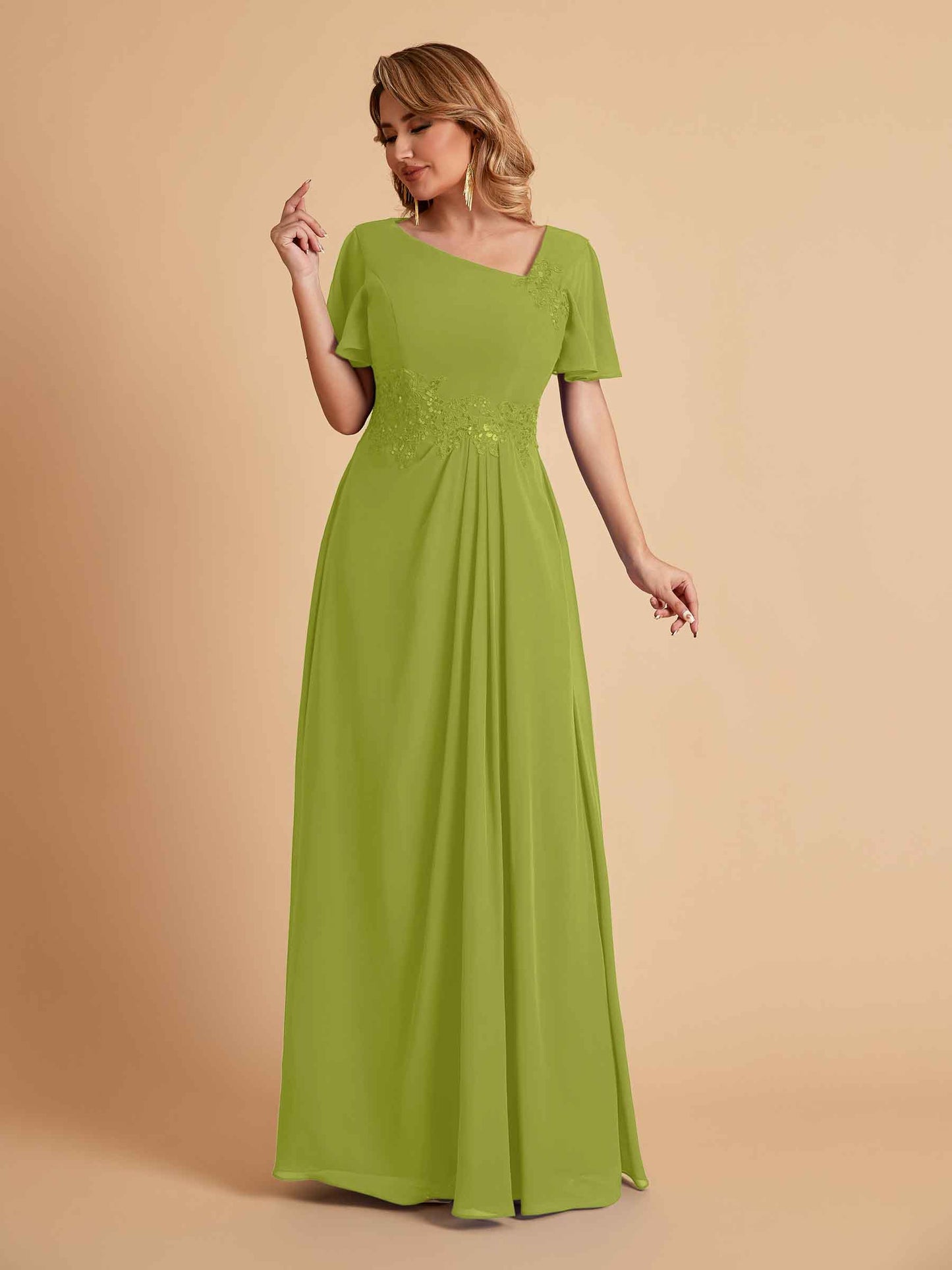 Elegant A-Line Chiffon Short Sleeves V-Neck Mother of the Brides Dresses Online