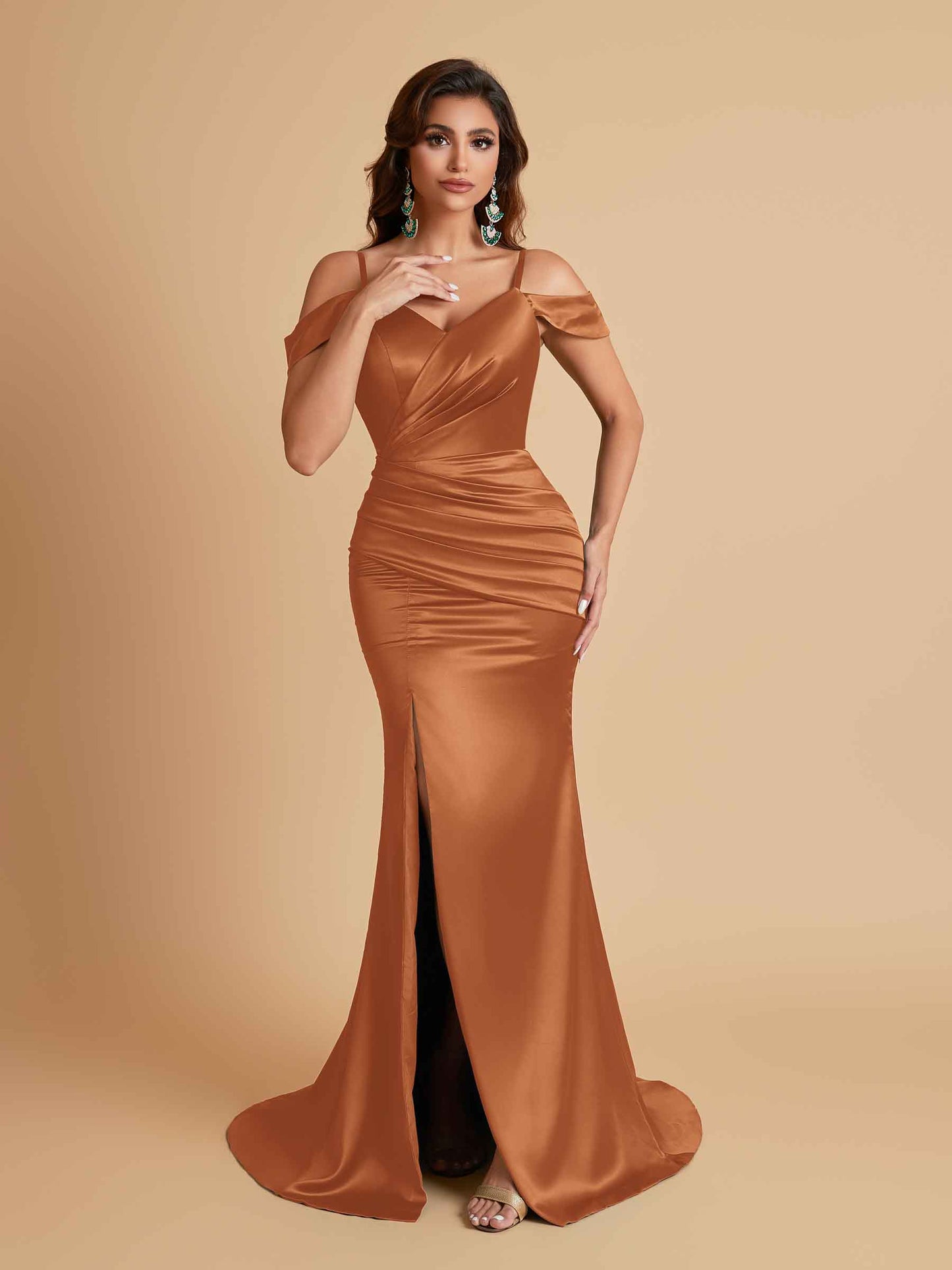 Sexy Soft Satin Mermaid Off Shoulder Side Slit Floor-Length Mermaid Bridesmaid Dresses