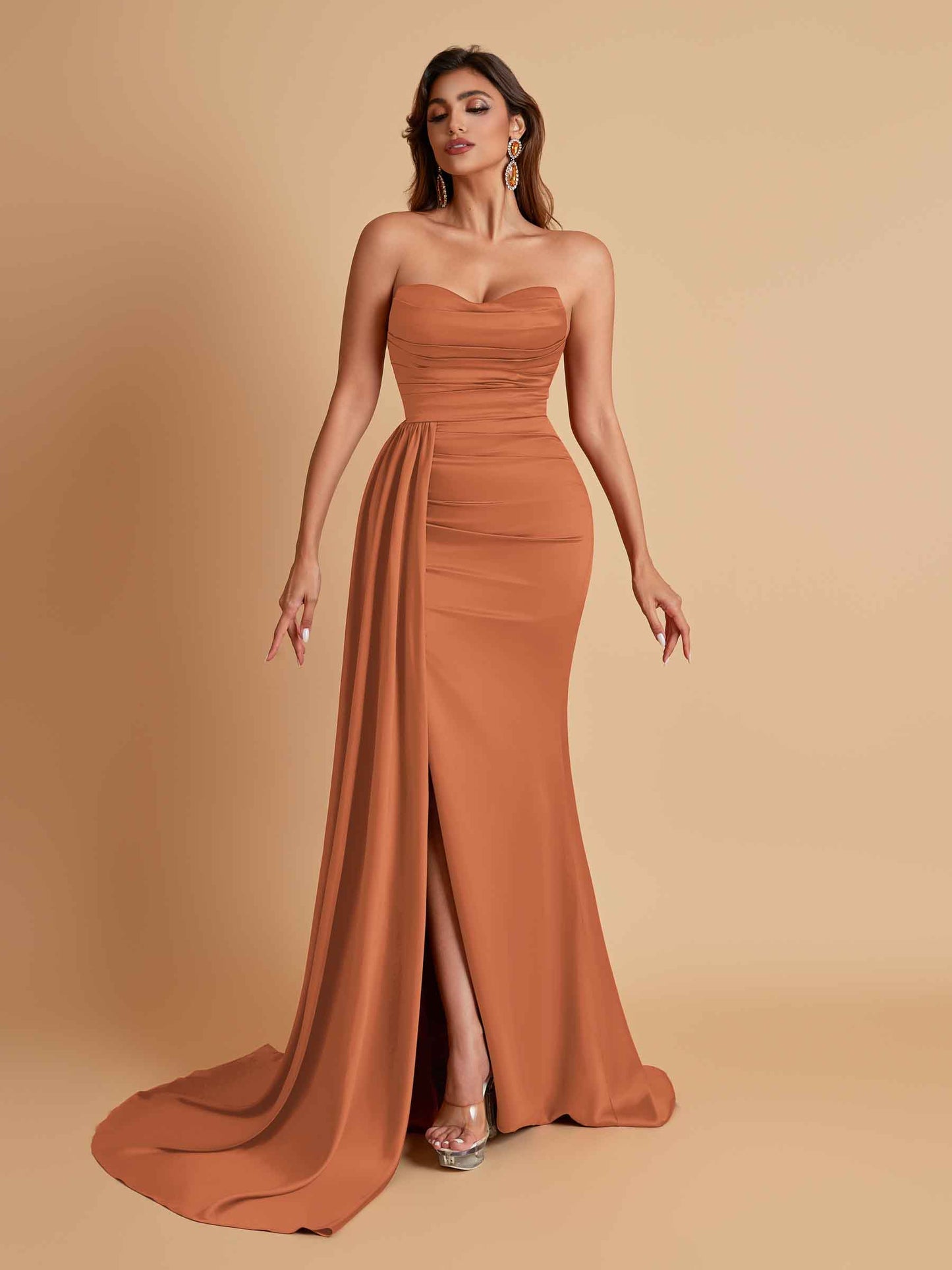 Elegant Soft Satin Sweetheart Strapless Side-Slit Mermaid Bridesmaid Dresses