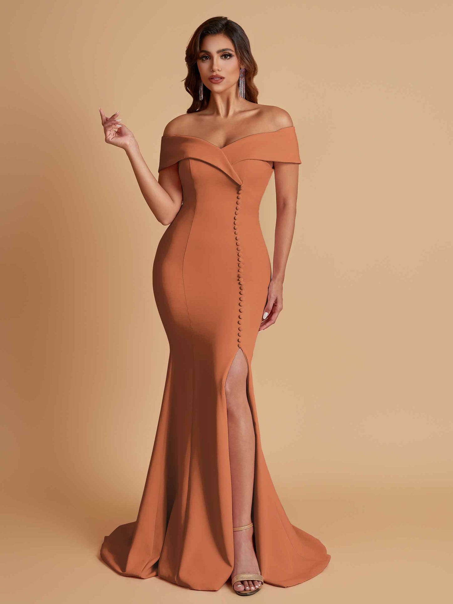 Elegant Soft Satin Mermaid Off Shoulder Side Slit Floor-Length Bridesmaid Dresses