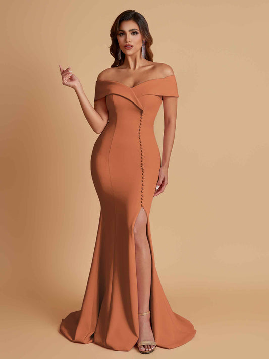 Elegant Soft Satin Mermaid Off Shoulder Side Slit Floor-Length Bridesmaid Dresses