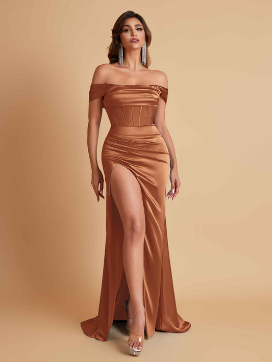 Sexy Off the Shoulder Soft Satin Side Slit Floor-Length Mermaid Bridesmaid Dresses