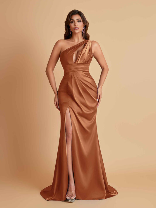 Sexy One Shoulder Soft Satin Side Slit Floor-Length Mermaid Bridesmaid Dresses