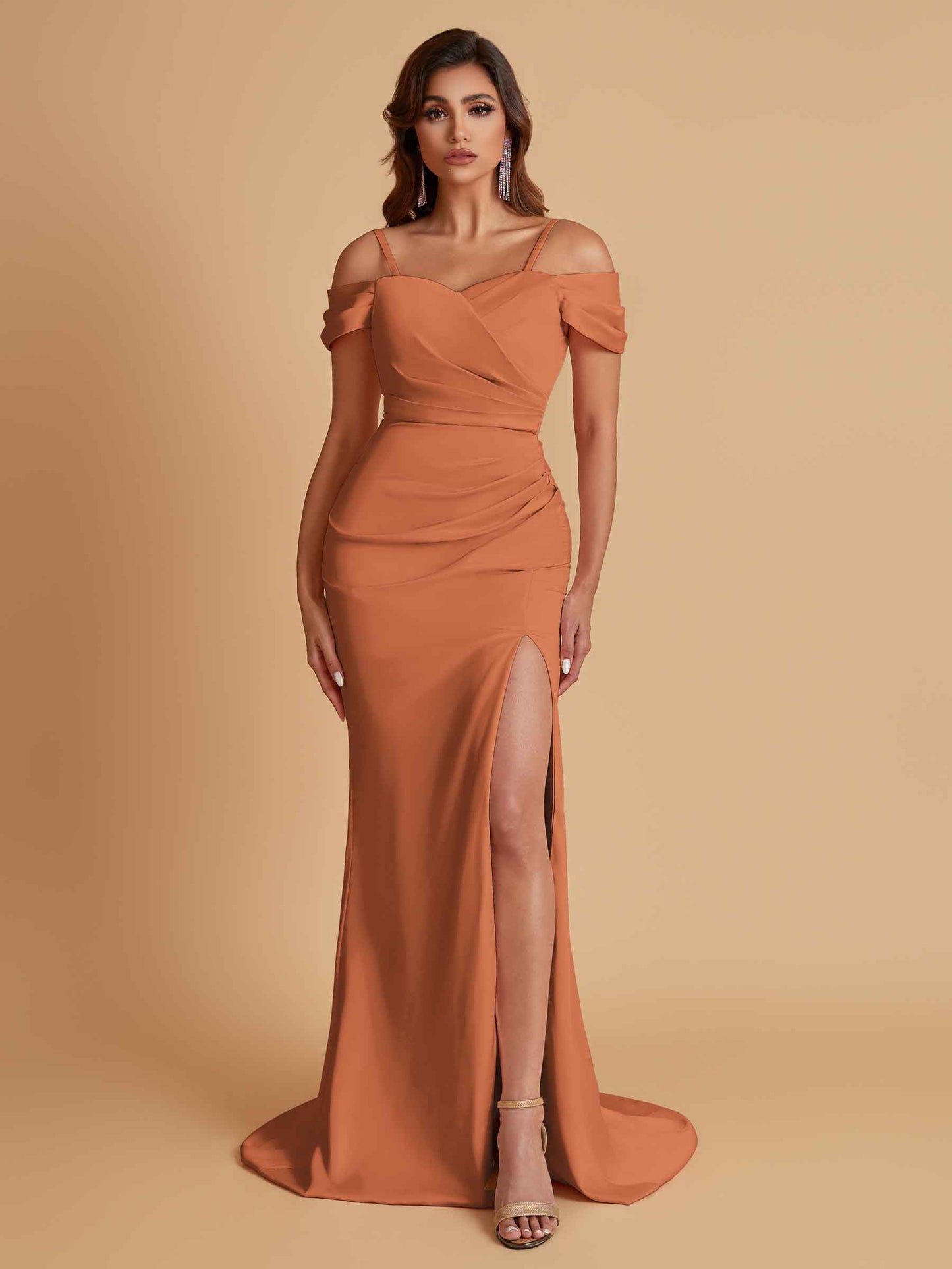 Sexy Soft Satin Mermaid Cold Shoulder Side Slit Floor-Length Bridesmaid Dresses Online