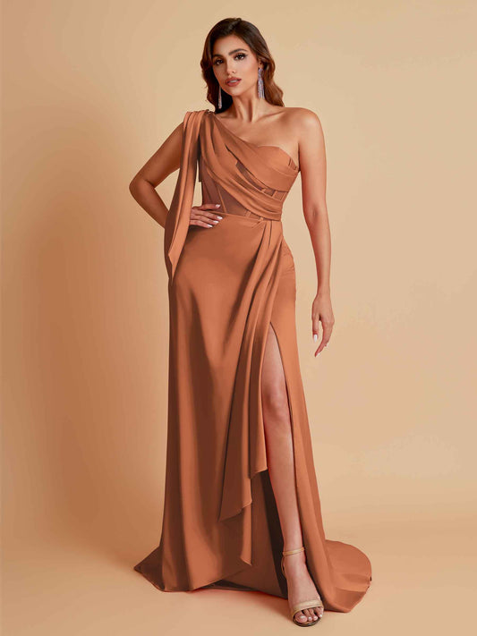 Sexy Soft Satin Mermaid One Shoulder Asymmetrical Side Slit Floor-Length Bridesmaid Dresses