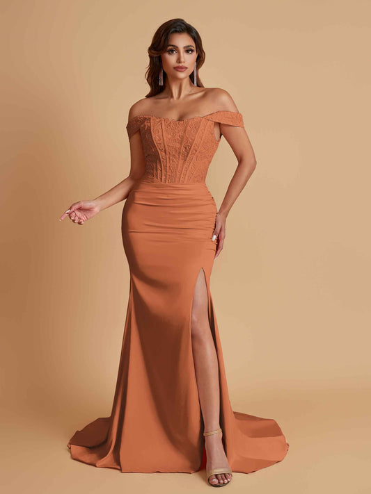 Elegant Soft Satin Mermaid Off Shoulder Side Slit Floor-Length Mermaid Bridesmaid Dresses