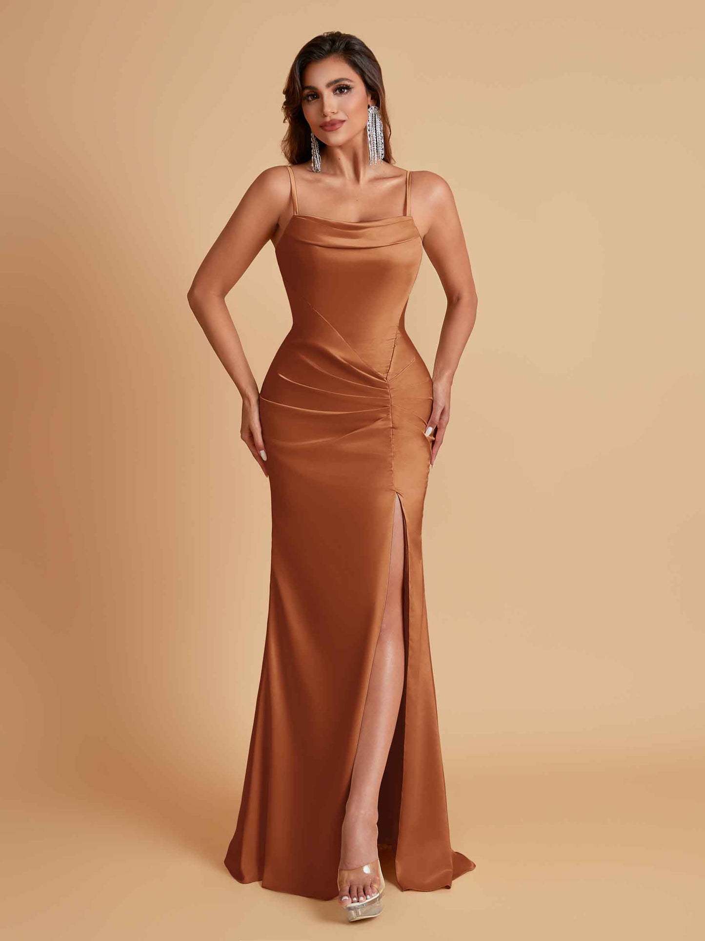Gorgeous Spaghetti Straps Soft Satin Side Slit Floor-Length Mermaid Bridesmaid Dresses
