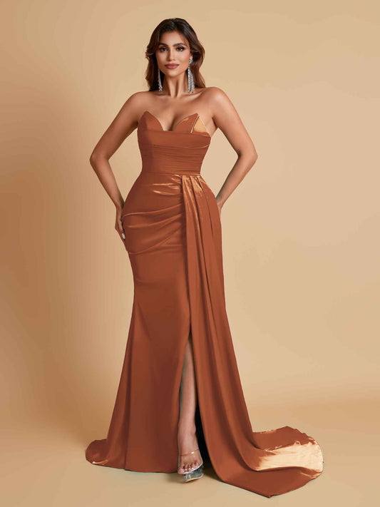 Gorgeous Strapless Soft Satin Side Slit Floor-Length Mermaid Bridesmaid Dresses