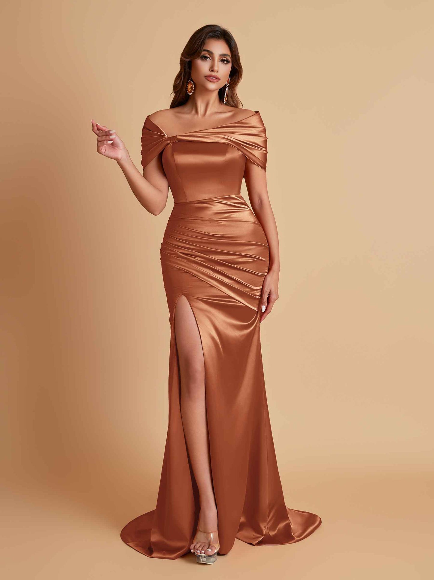 Elegant Soft Satin Off-the-shoulder Side-Slit Mermaid Bridesmaid Dresses