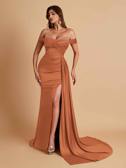 Gorgeous Soft Satin V-neck Off-the-Shoulder Side-Slit Mermaid Bridesmaid Dresses