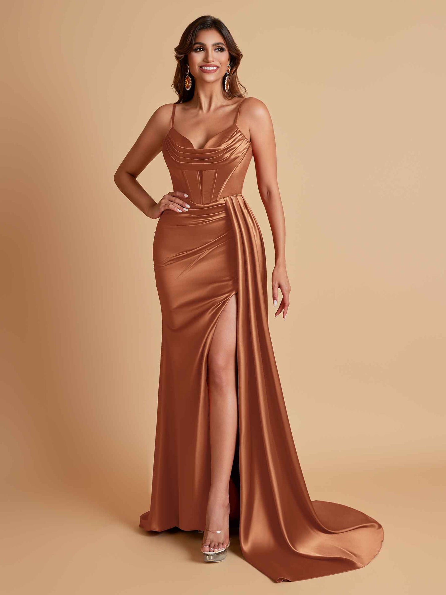 Sexy Soft Satin V-neck Spaghetti Strap Side-Slit Mermaid Bridesmaid Dresses