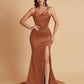 Sexy Spaghetti Straps V Neck Soft Satin Side Slit Floor-Length Mermaid Bridesmaid Dresses