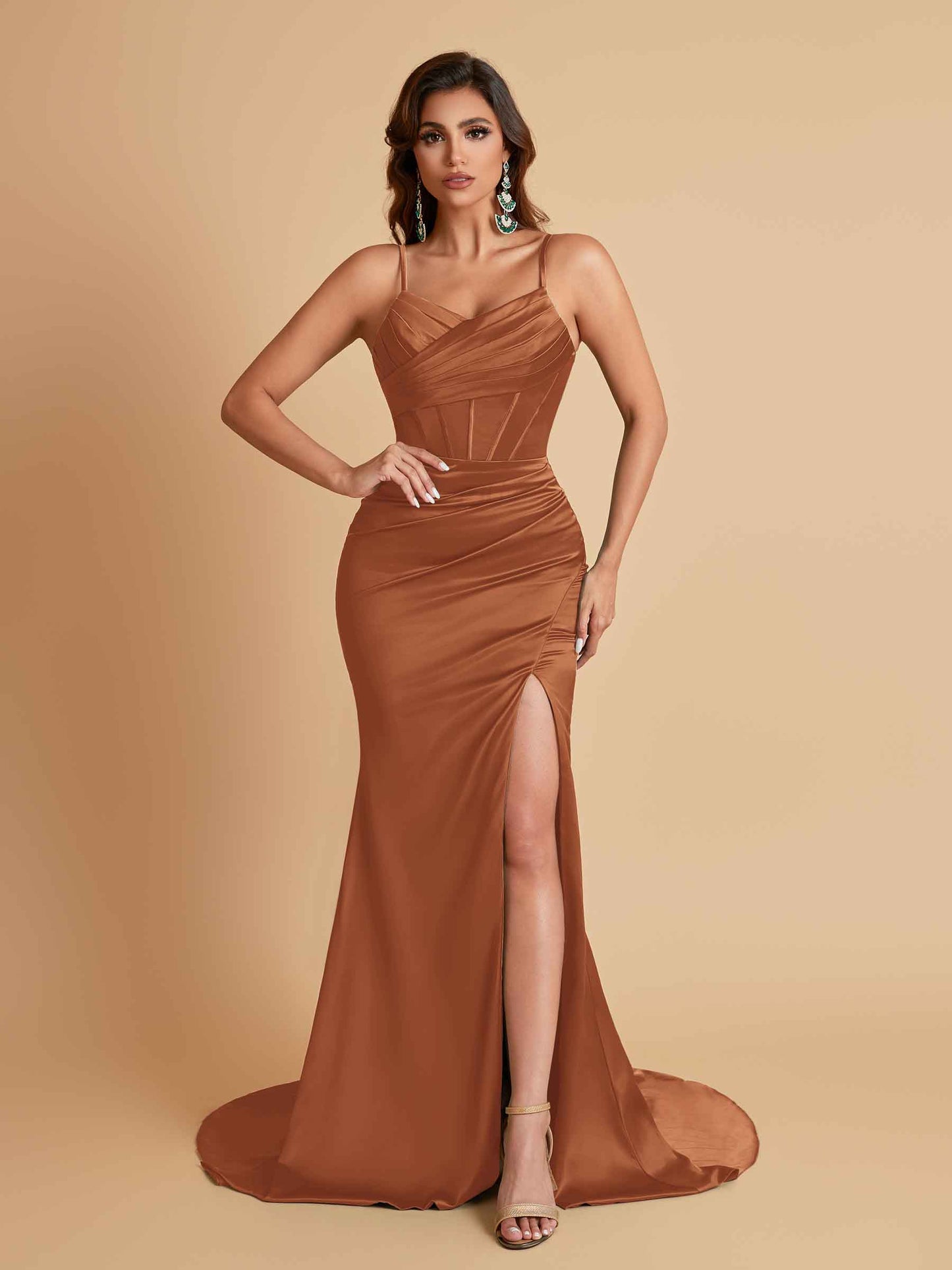 Sexy Spaghetti Straps V Neck Soft Satin Side Slit Floor-Length Mermaid Bridesmaid Dresses