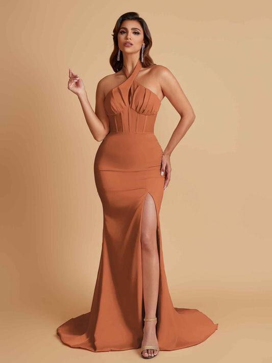 Elegant Soft Satin Mermaid Halter Side Slit Floor-Length Bridesmaid Dresses Online