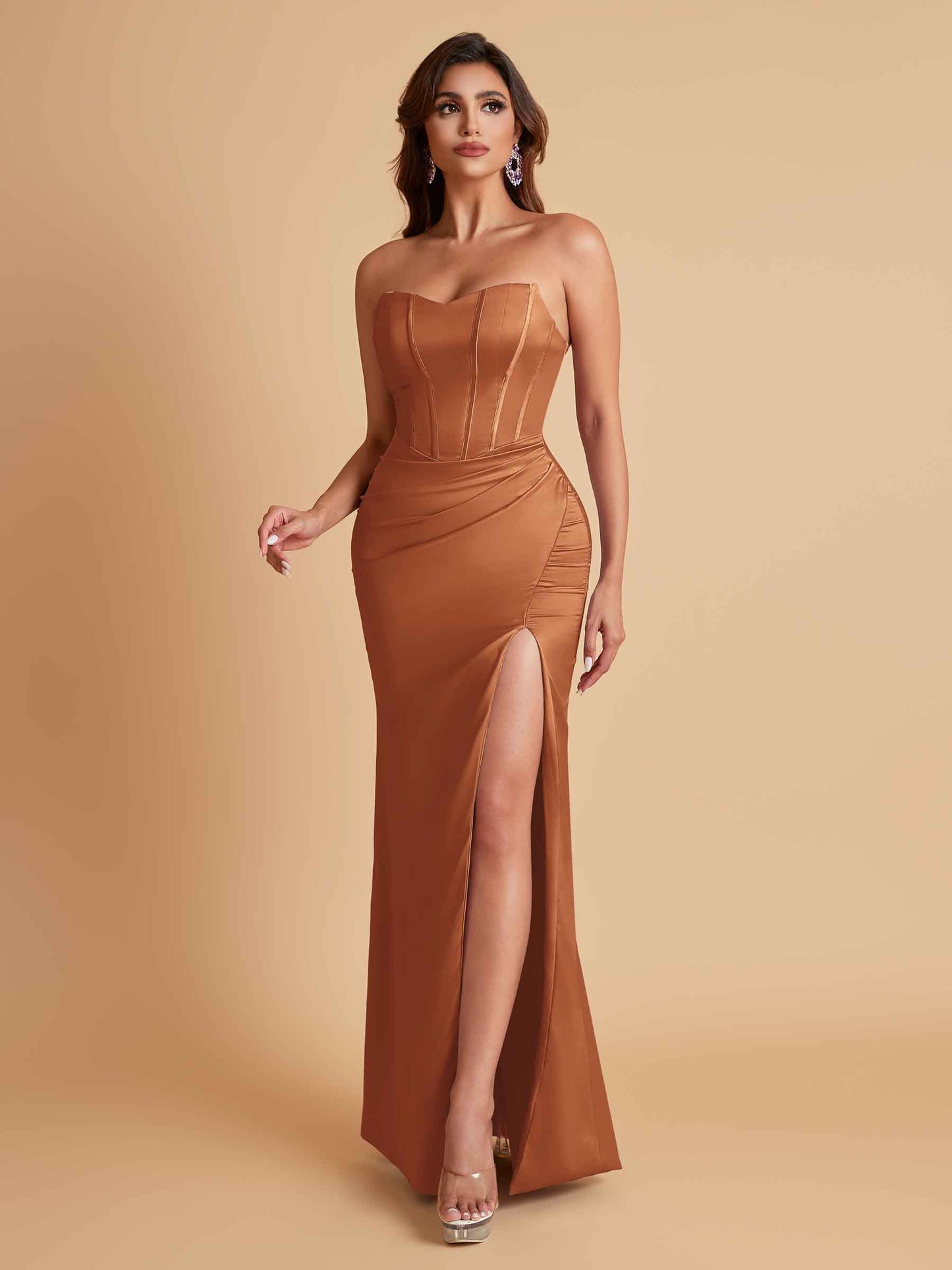 Sexy Strapless Soft Satin Side Slit Floor-Length Mermaid Bridesmaid Dresses