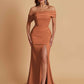 Elegant Soft Satin Mermaid Off Shoulder Asymmetrical Side Slit Floor-Length Bridesmaid Dresses