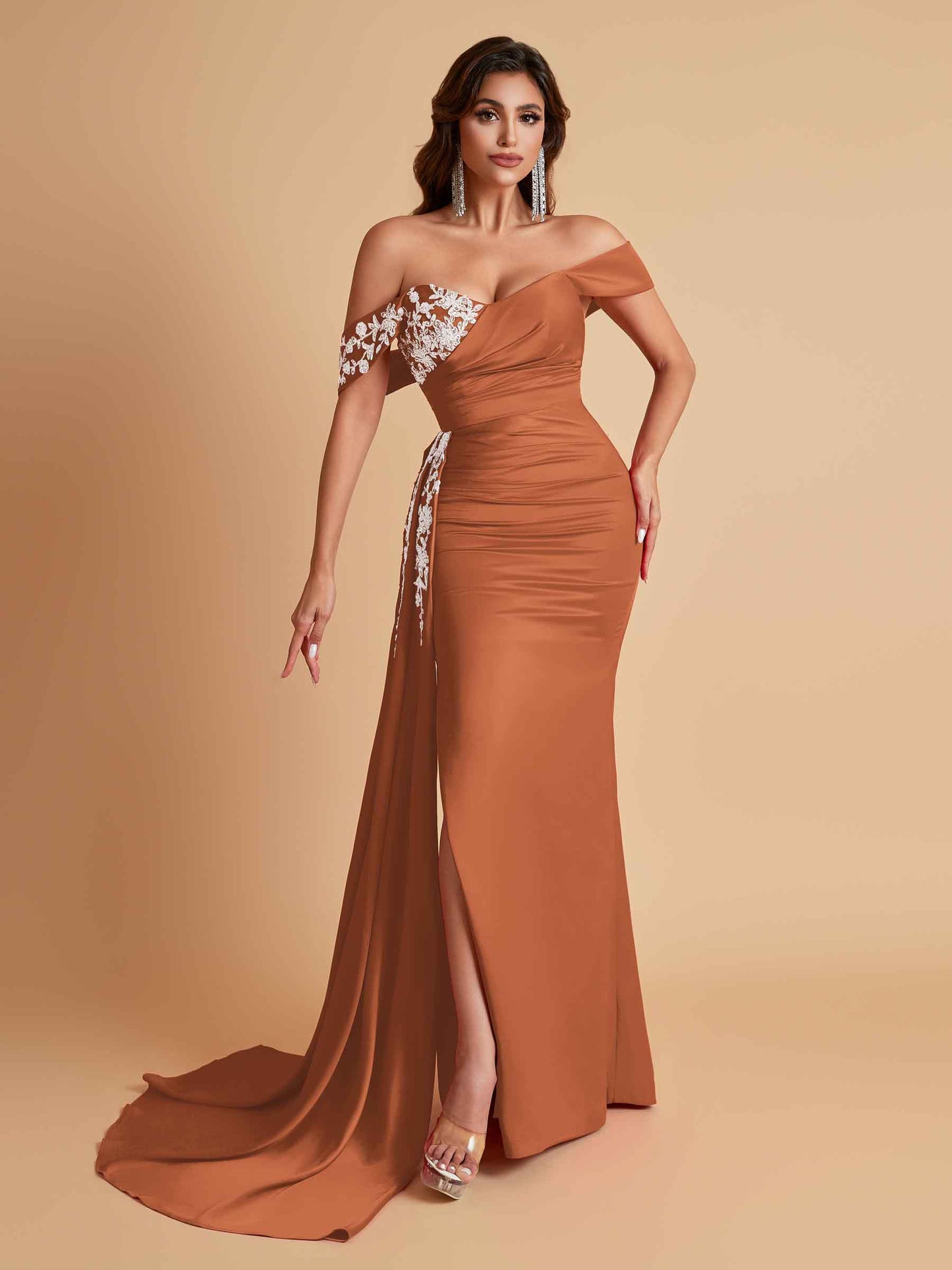 Elegant Soft Satin Mermaid Off Shoulder Floor-Length Mermaid Bridesmaid Dresses