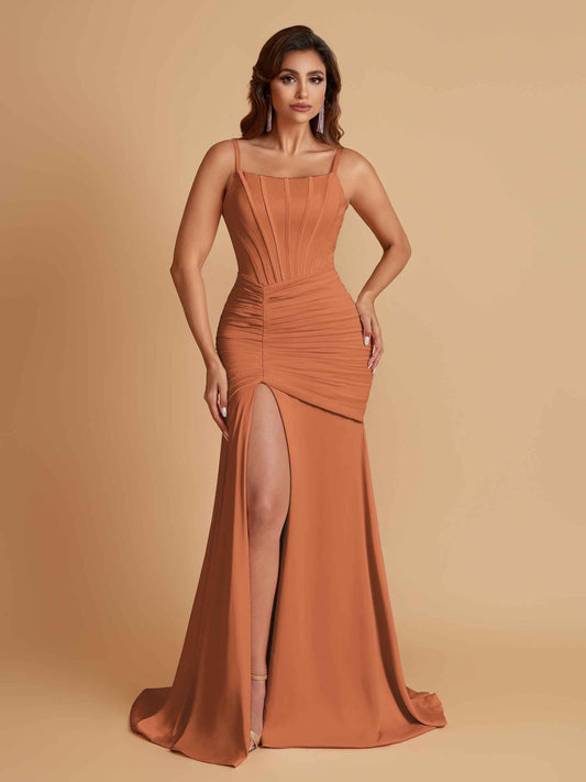 Sexy Soft Satin Mermaid Spaghetti Straps Side Slit Floor-Length Bridesmaid Dresses