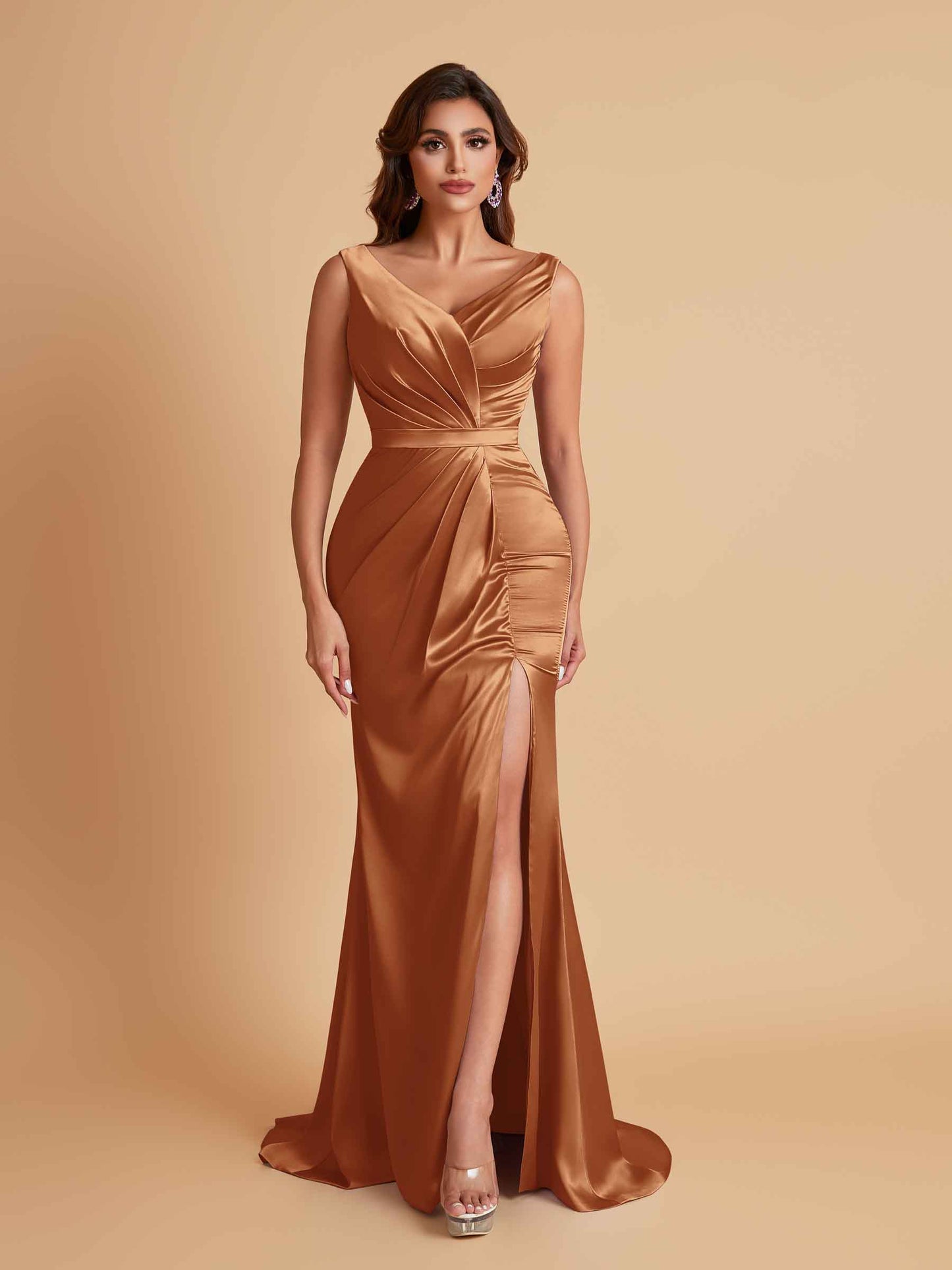 Elegant V Neck Soft Satin Side Slit Floor-Length Mermaid Bridesmaid Dresses