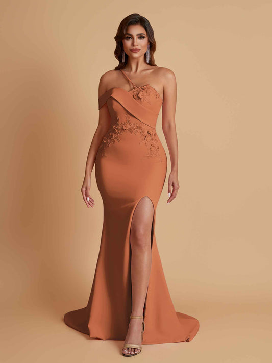 Sexy Soft Satin Mermaid One Shoulder Asymmetrical Side Slit Floor-Length Bridesmaid Dresses