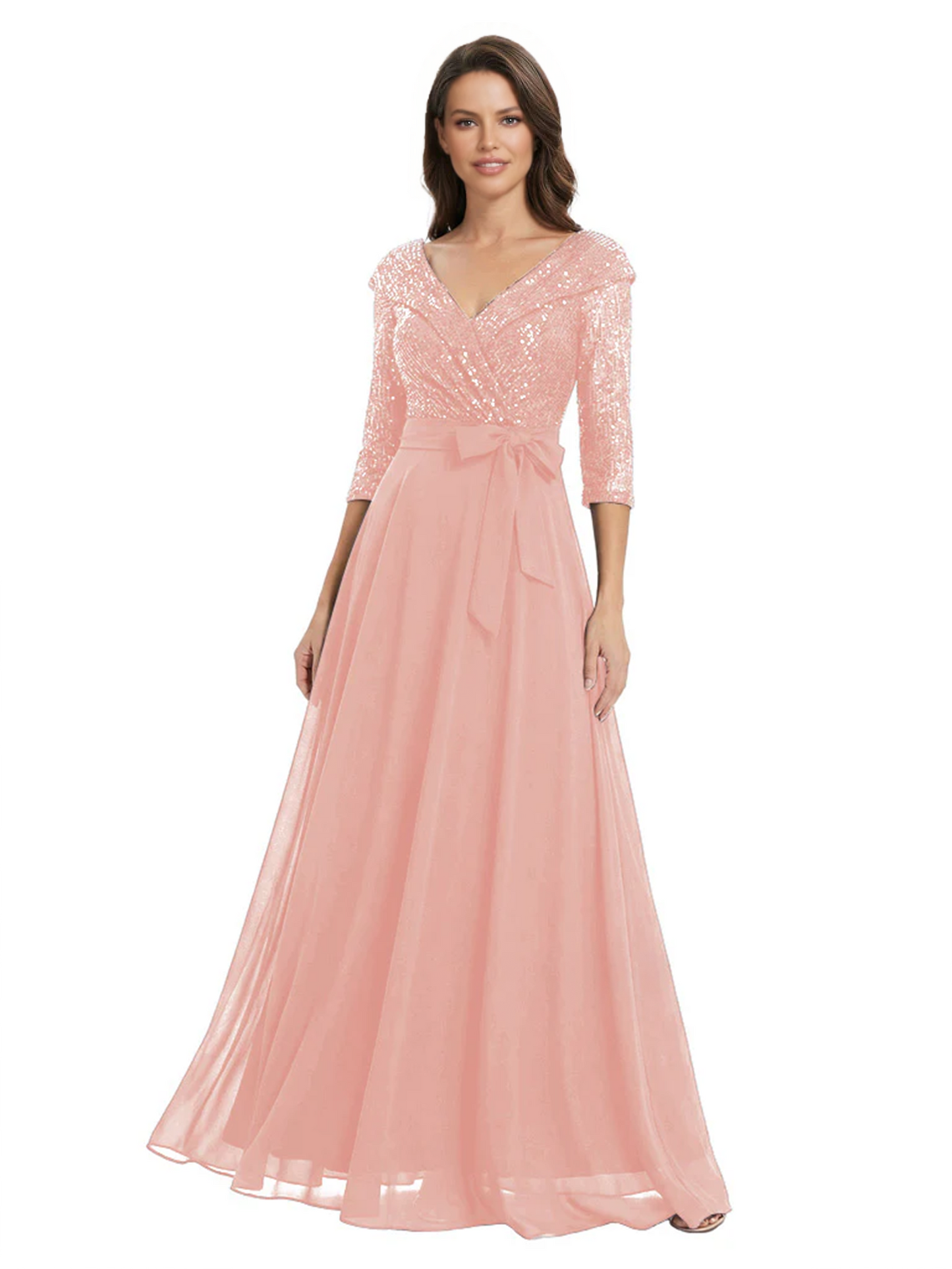 Chiffon Mother of the Bride Dress with Sequin V-Neck and Elegant Bow Sash
