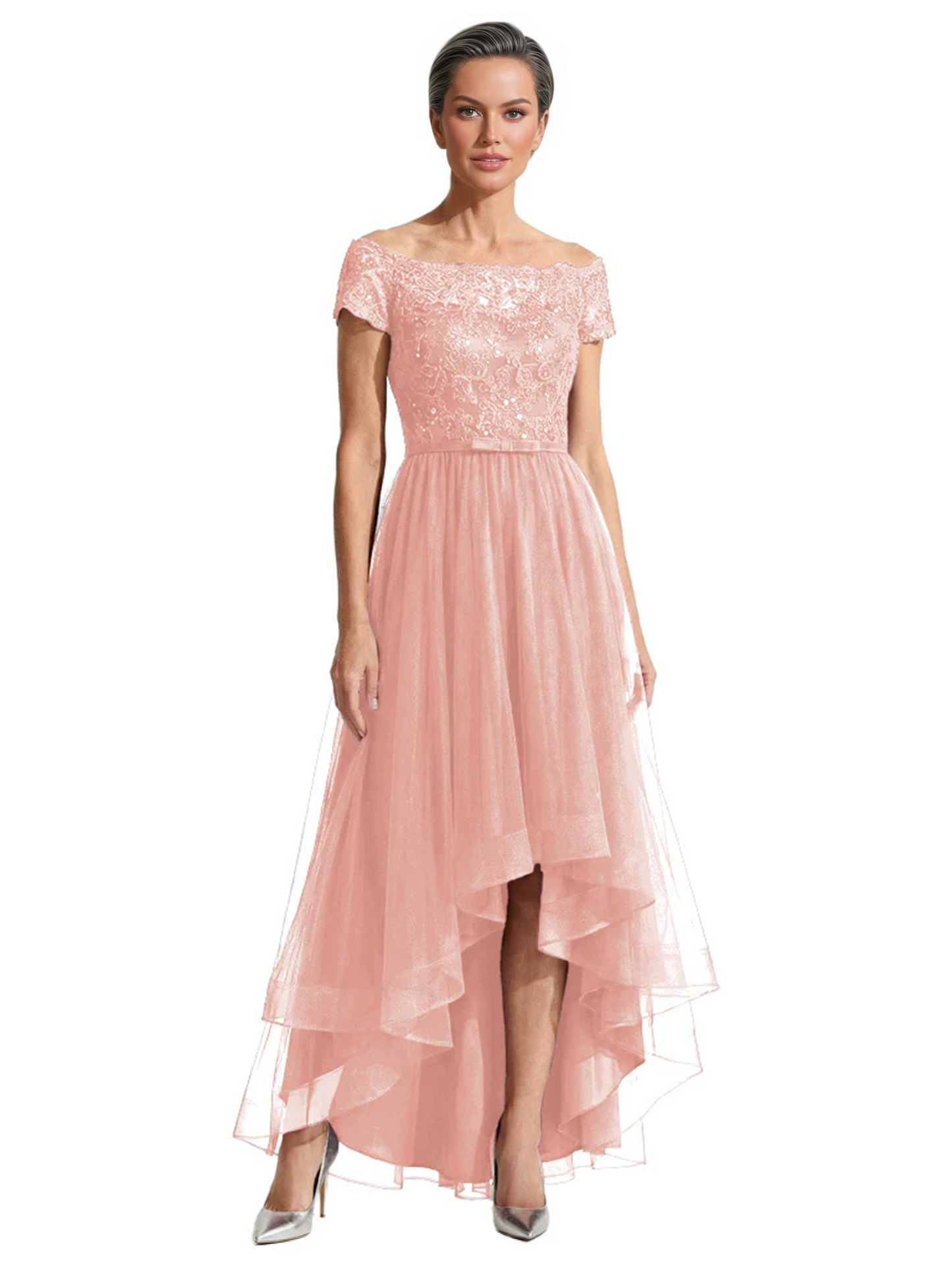 Formal High-Low Mother of the Bride Gown Short Sleeve Lace Maxi Dress with Tiered Skirt
