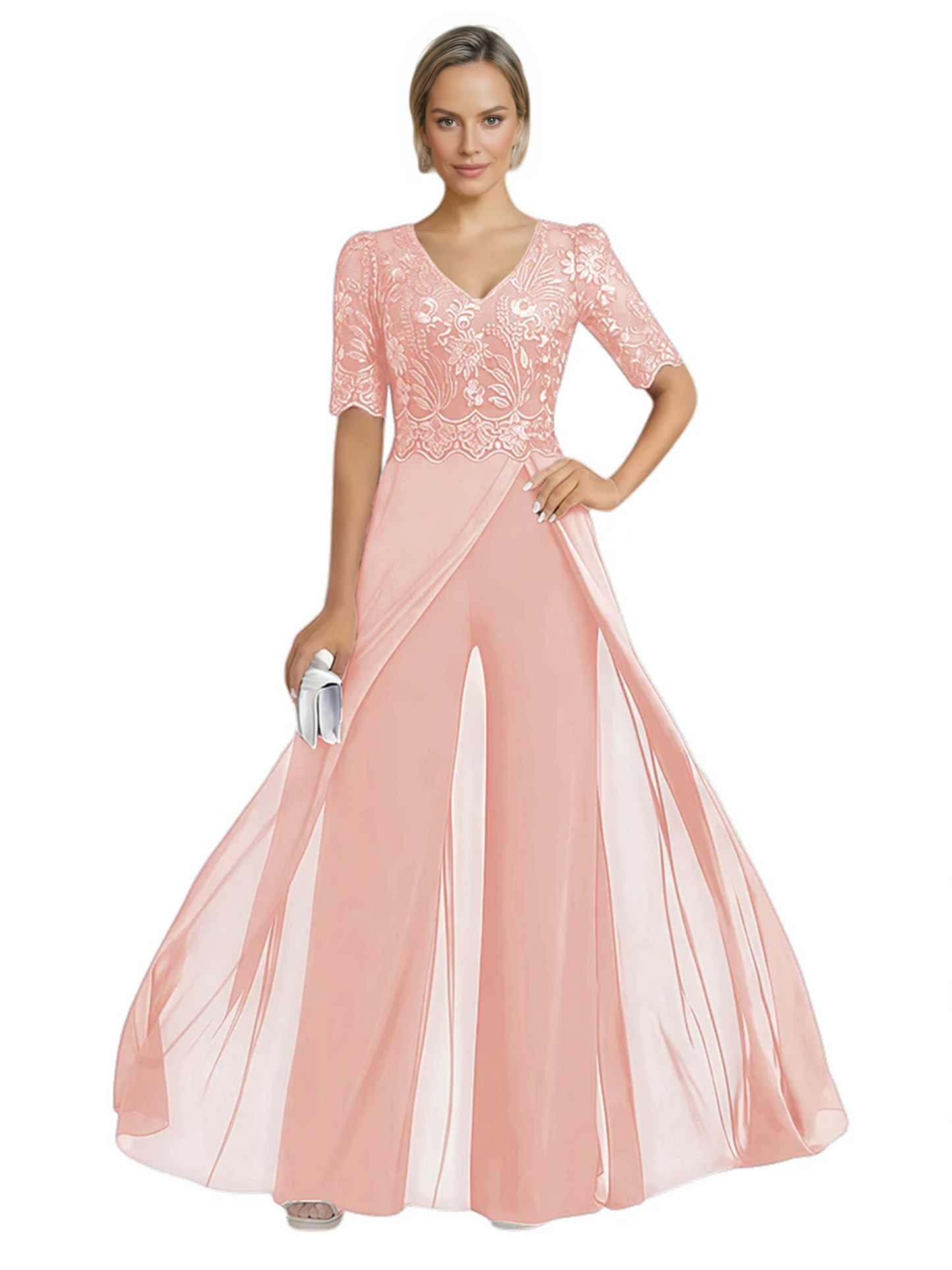 V-Neck Chiffon Mother of the Brides Jumpsuits Dresses Floor Length A-Line Lace