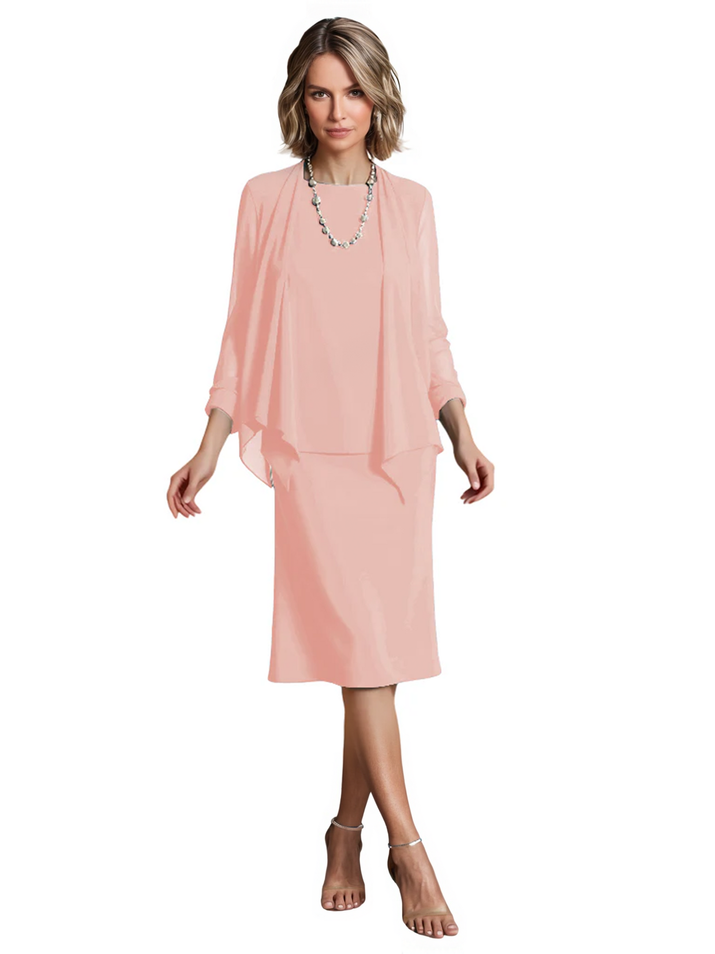 3 PCS Knee-Length Mother of Bride Dresses Prom Dress Evening Dress with Sheer Sleeves and Jacket