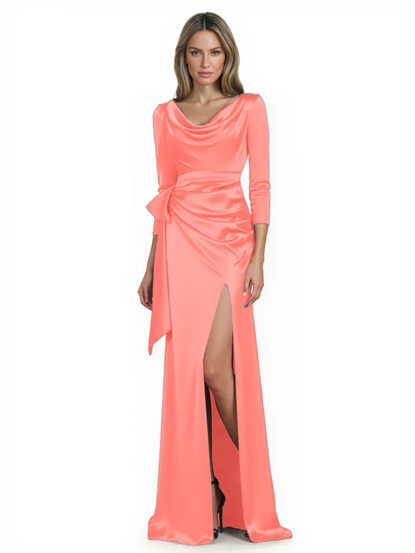 Elegant Evening Gowns Slit Trending Styles Satin Slit Formal Dress Cowl Neckline Gown Tie