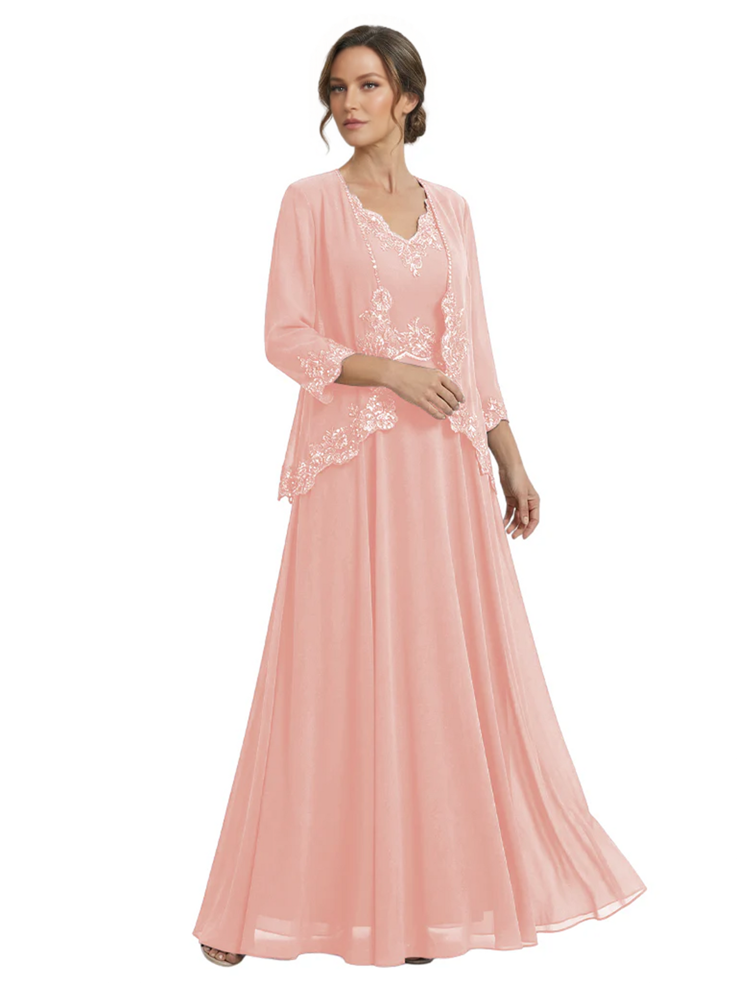 Plus Size A-line Chiffon 3/4 Sleeves Mother of the Brides Dresses Long Jacket Dress
