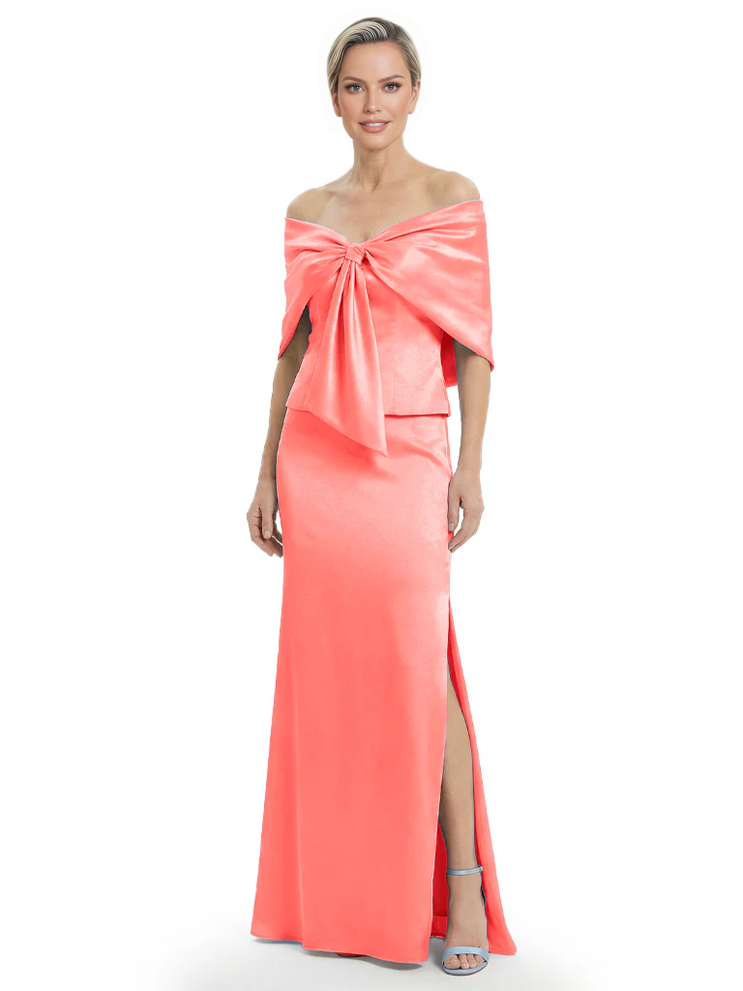 Formal Floor-Length Mother of the Bride Gown Satin Maxi Dress with Bow Neckline