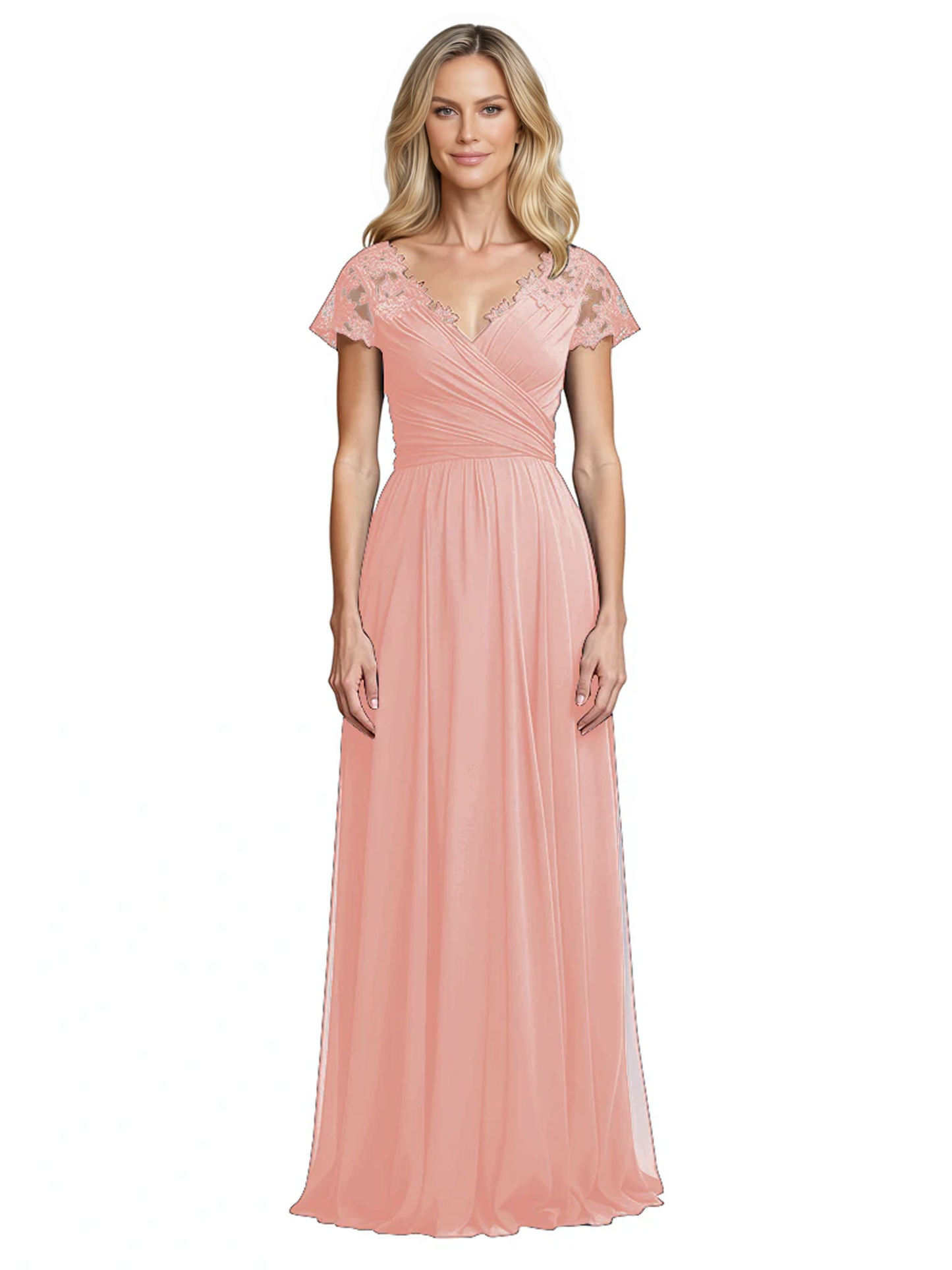 Mother of the Bride Dress Cap Sleeves and V-Neckline with Embroidered Lace Shoulders