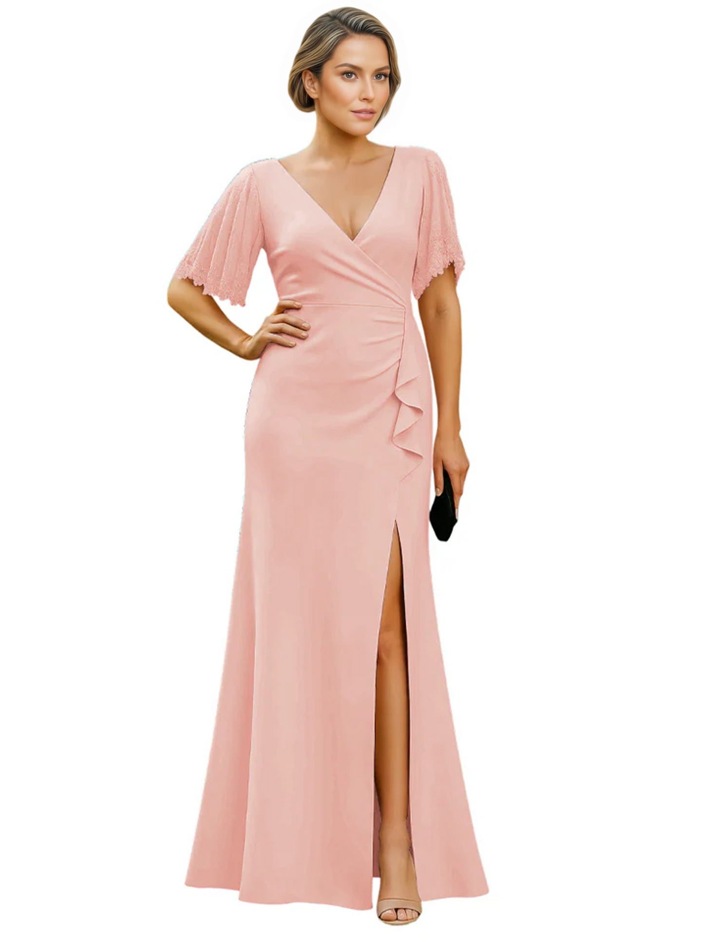 Elegant Evening Gown Trending V-Neck & Ruffle Detail Mother of Bride Outfits Slit