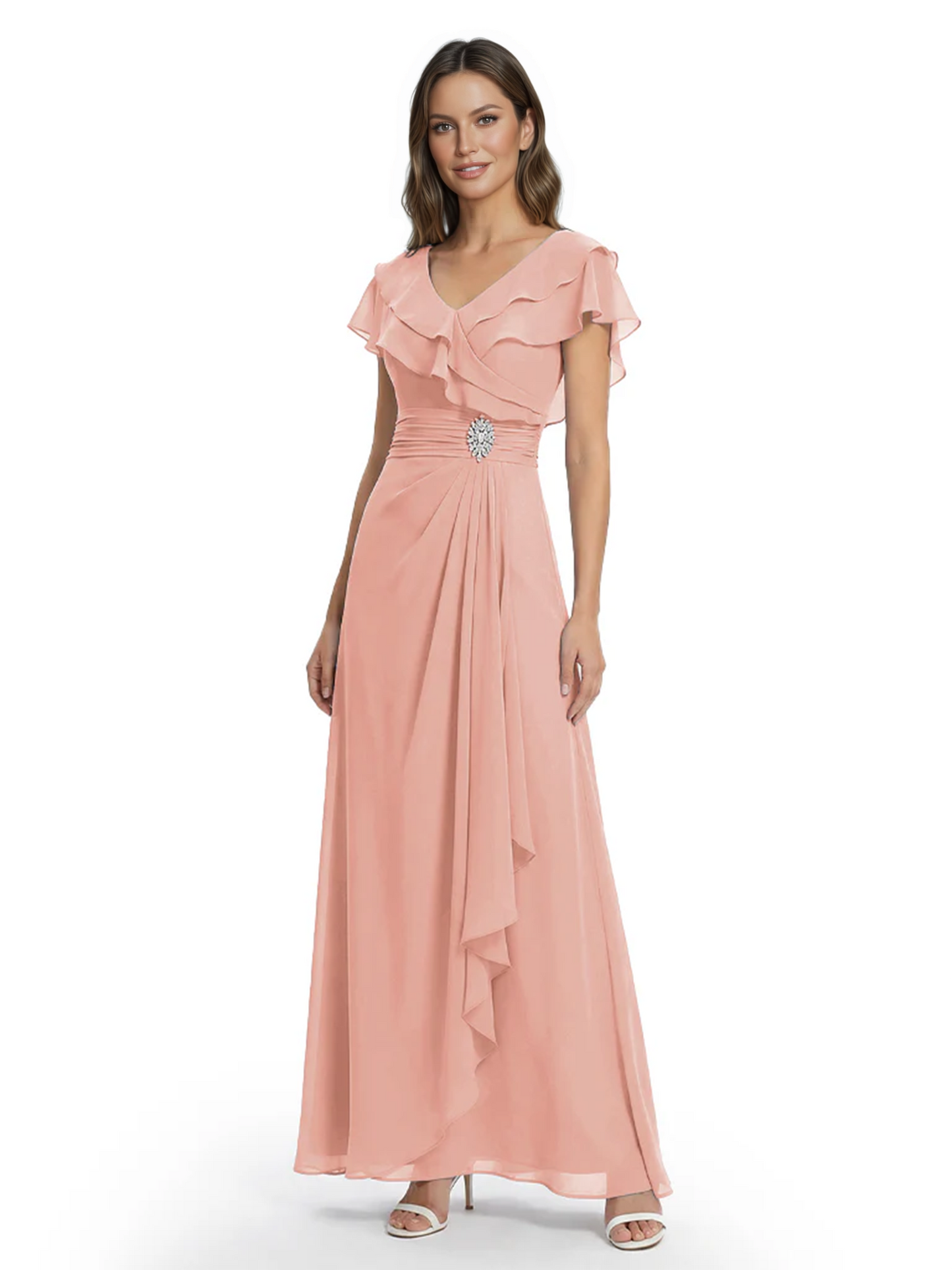 Elegant Mother of the Groom Dress Cascading Ruffle Chiffon Formal Gown Rhinestone