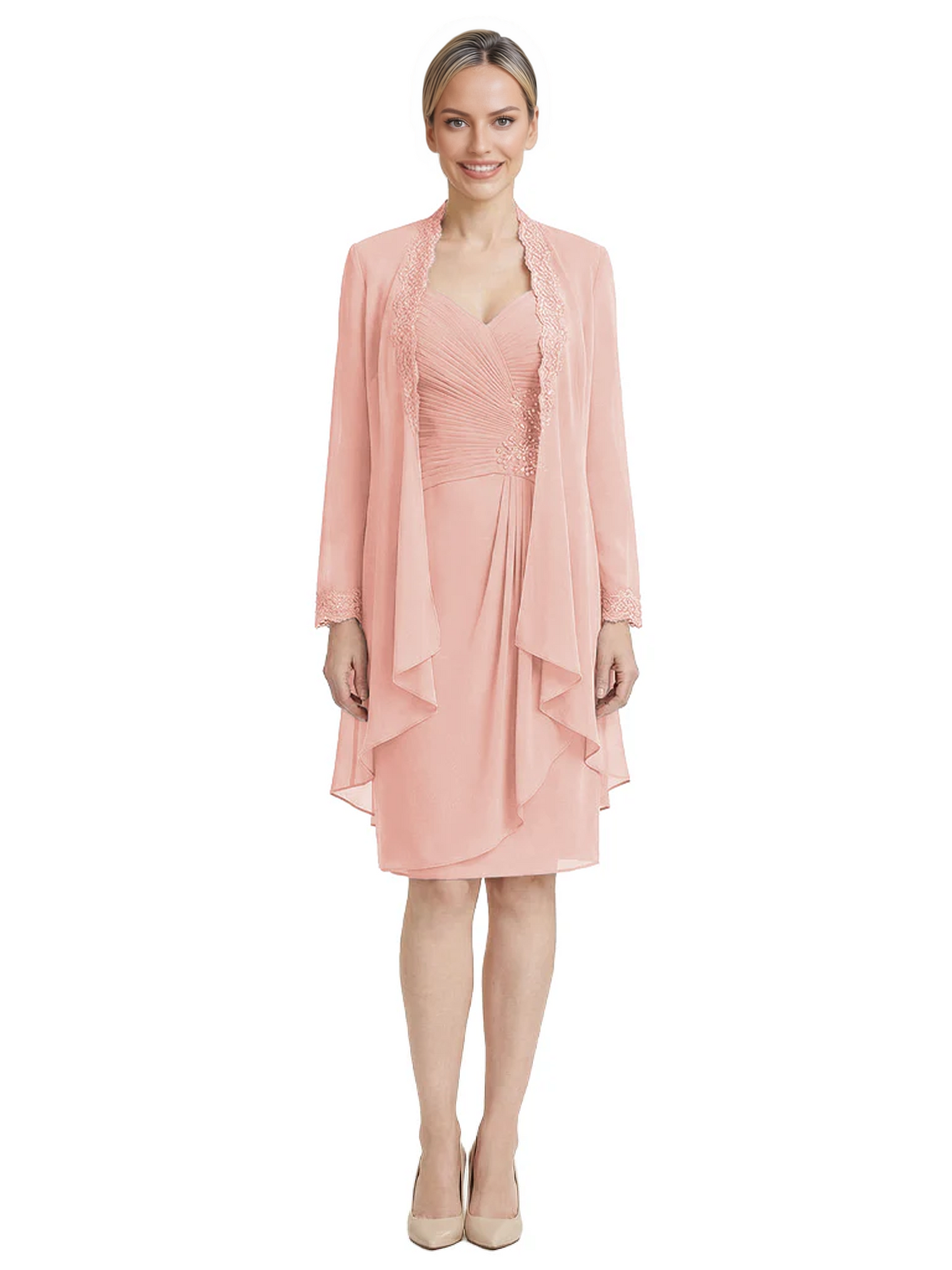 2PCS Knee Length Chiffon Mother of the Brides Dresses Short V-Neck
