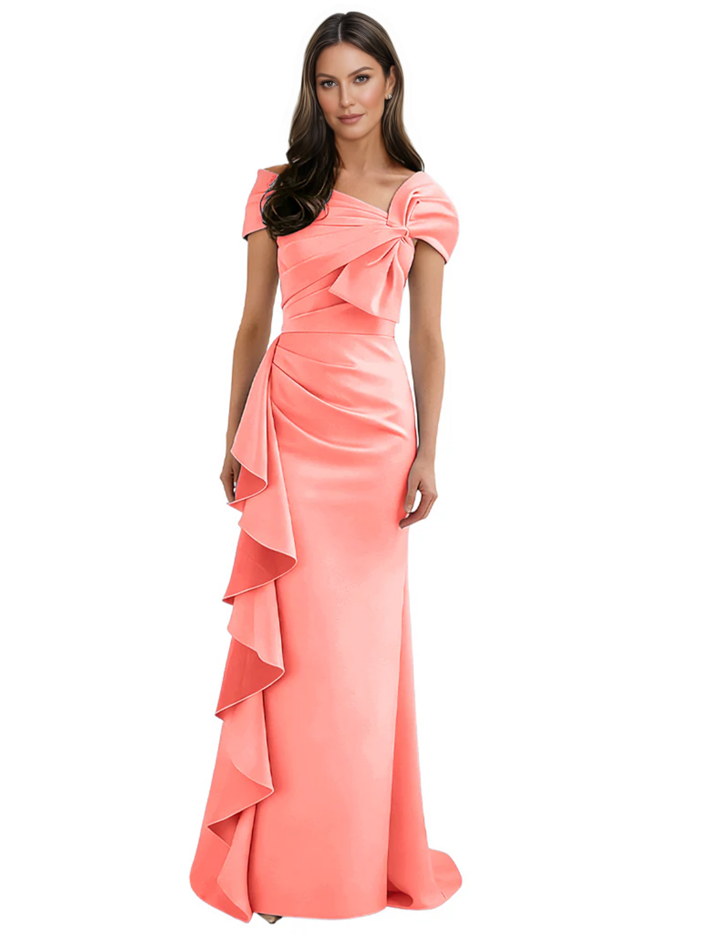 Elegant Mother of Bride Dress Formal Gowns Mermaid Ruffle Floor Length Asymmetric Neckline