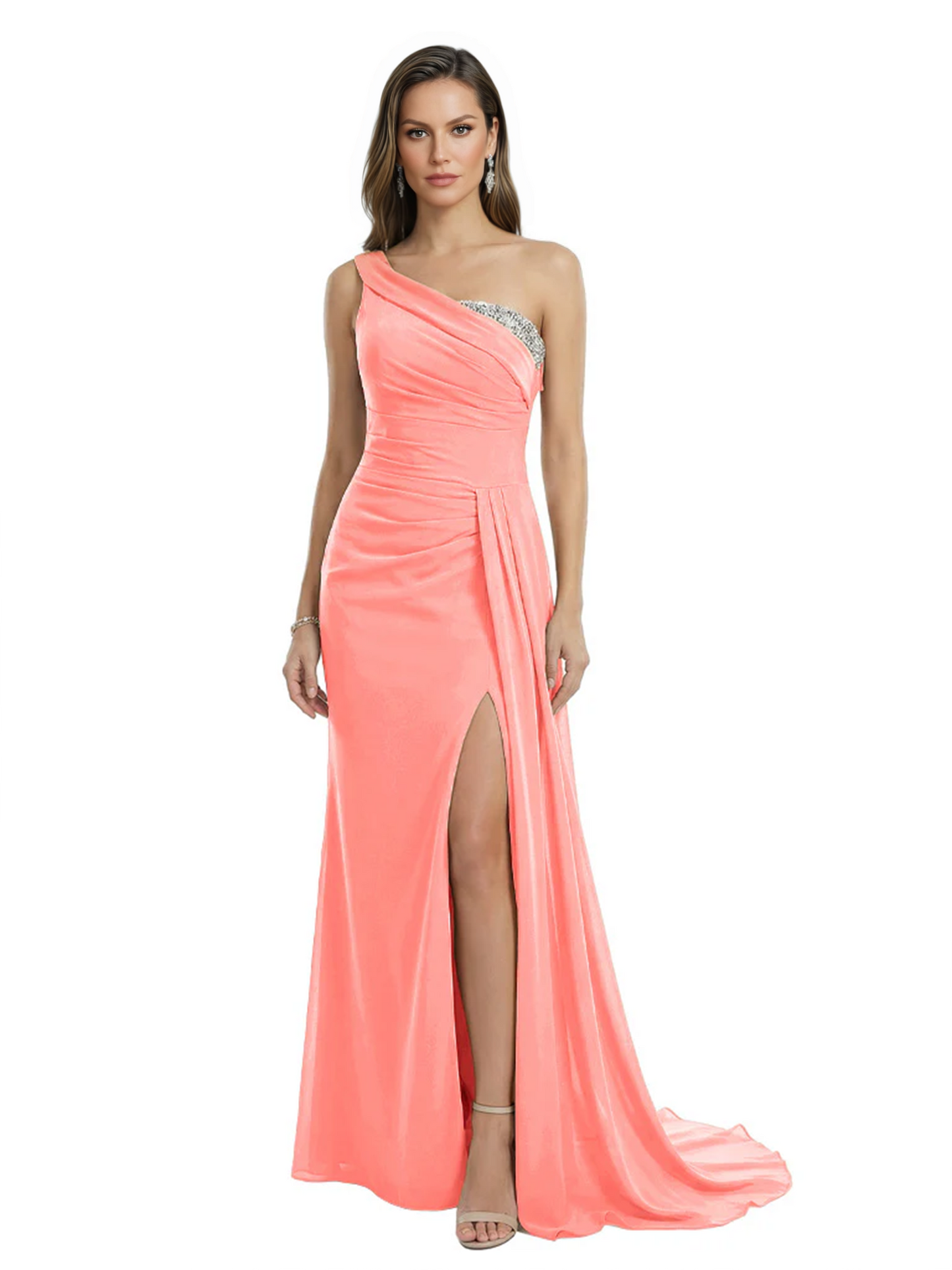 One Shoulder Mother of Bride Dress Ruffle Formal Gowns Mermaid Floor Length Train Slit