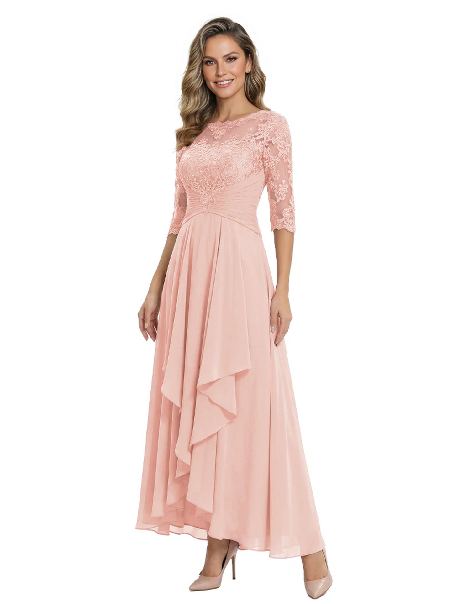3/4 Sleeve Mother of the Bride Dress with Lace Embroidery High-Low Hem 2026