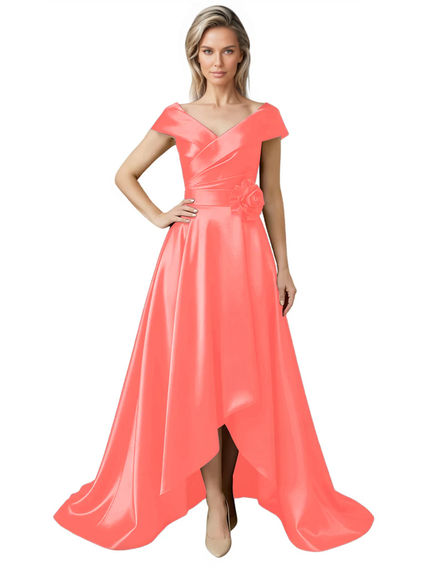 Off Shoulder Mother of the Bride Dress High-Low Satin Gown with Portrait Neckline