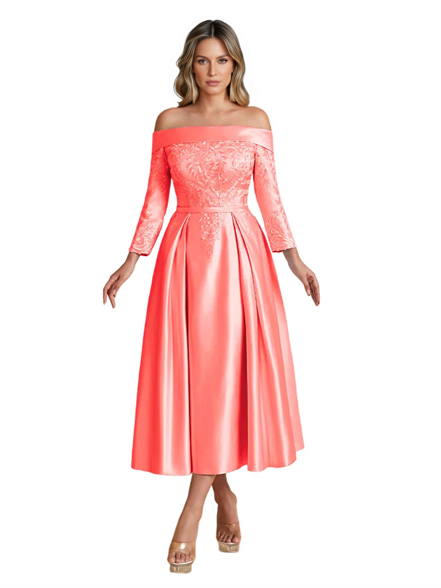Off Shoulder Mother of the Bride Dress Tea-Length Satin Gown with Lace Applique