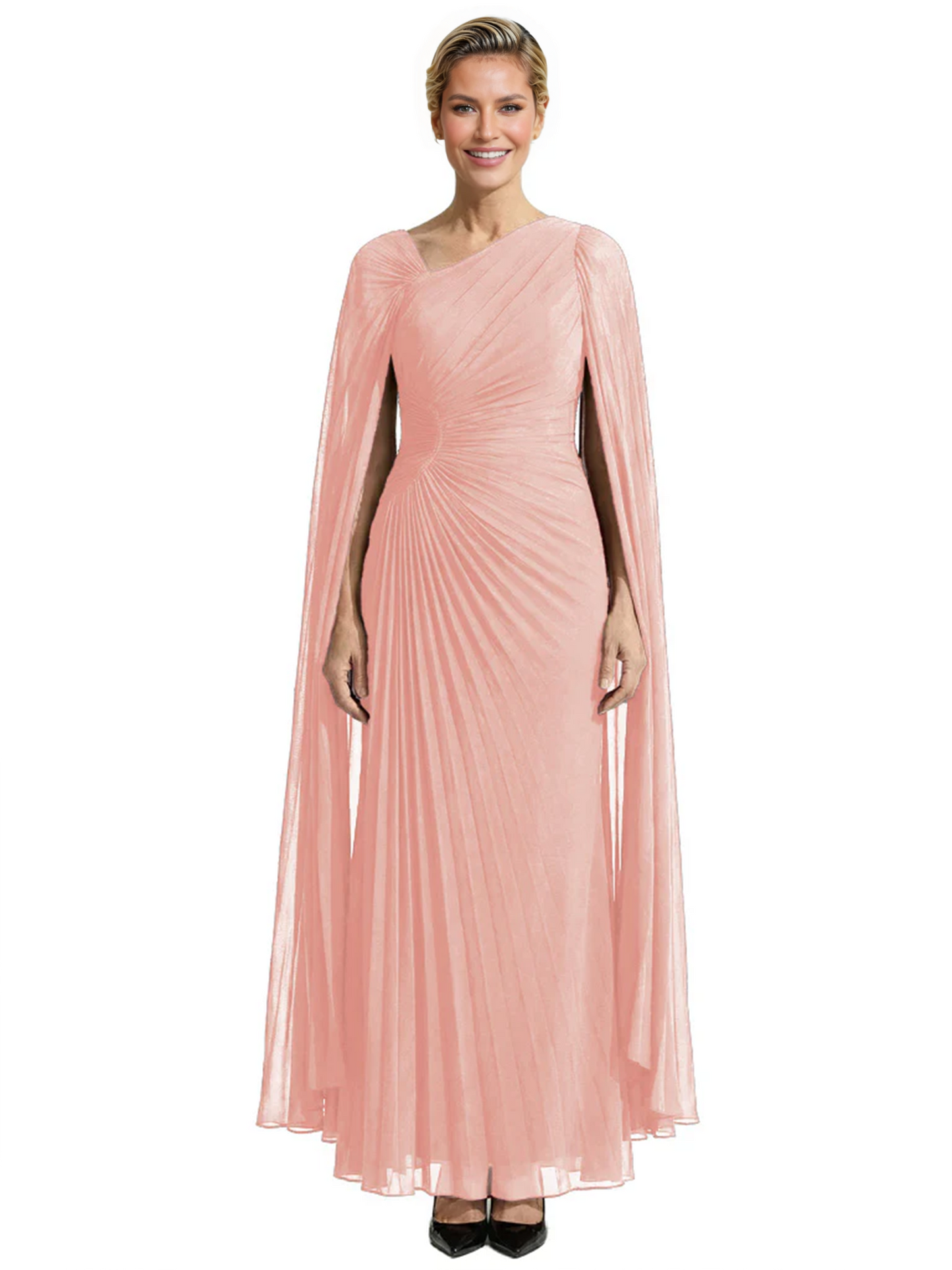 Elegant Asymmetric Neck Long A-Line Chiffon Mother of the Brides Dresses Mom Outfit with Cape