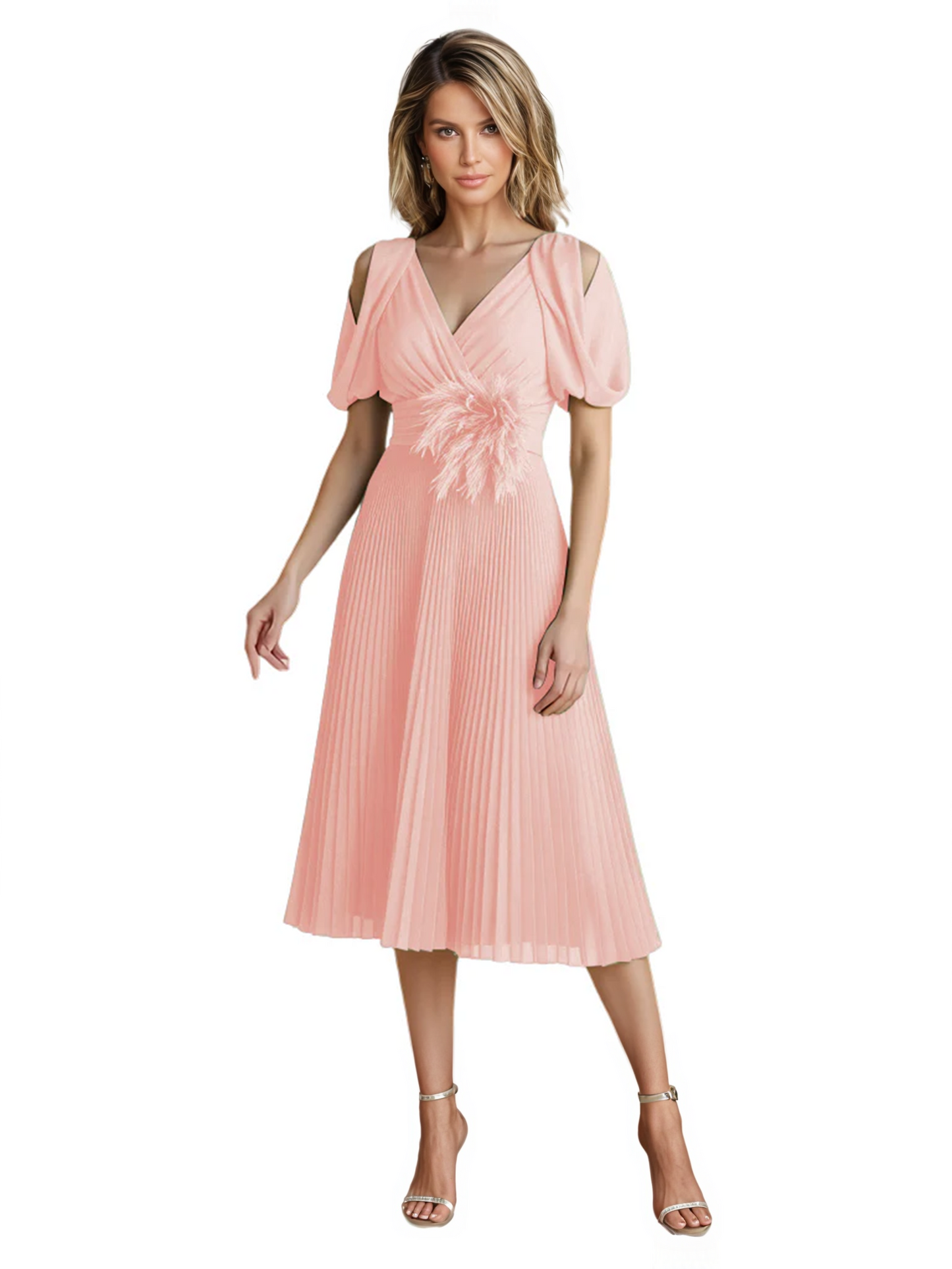 Wedding Formal Dress V-Neck Pleated Chiffon Gown with 3D Flower Accent Knee Length