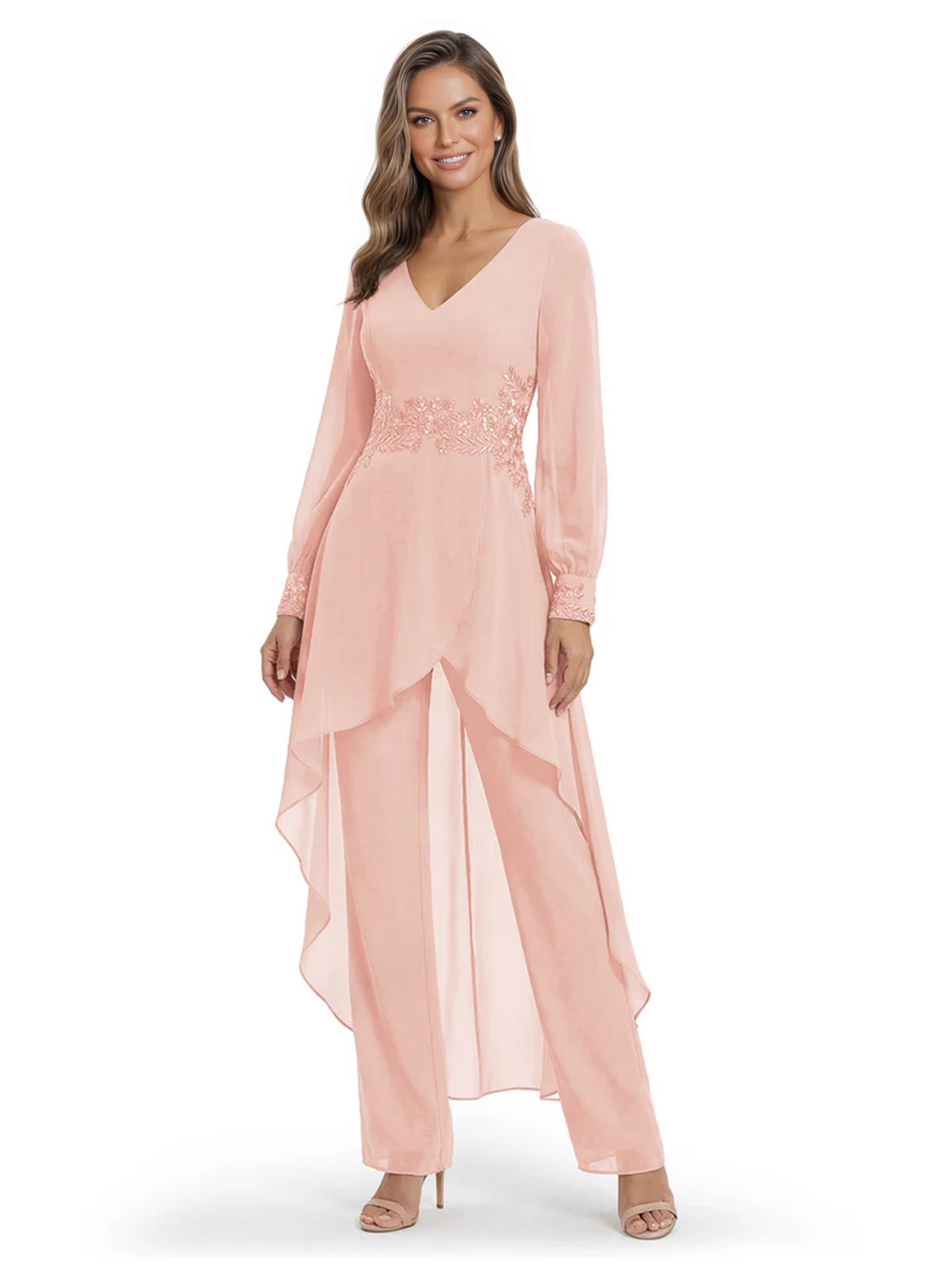 Luxury Black Formal Trousers Set High-Low Chiffon Top with Sparkling Beaded Detail