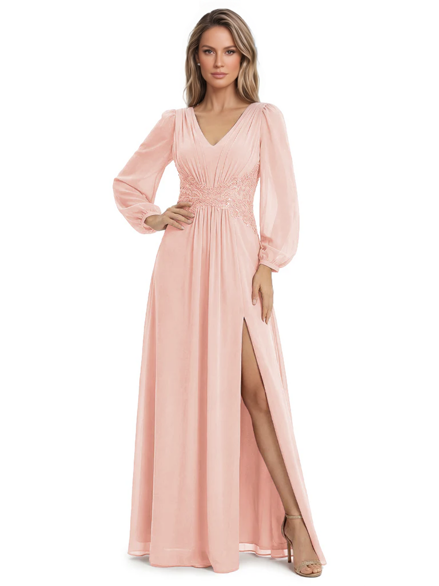 A-Line Mother of Bride Dress V-Neck Chiffon Gown Long Sleeves Slit Formal Dress