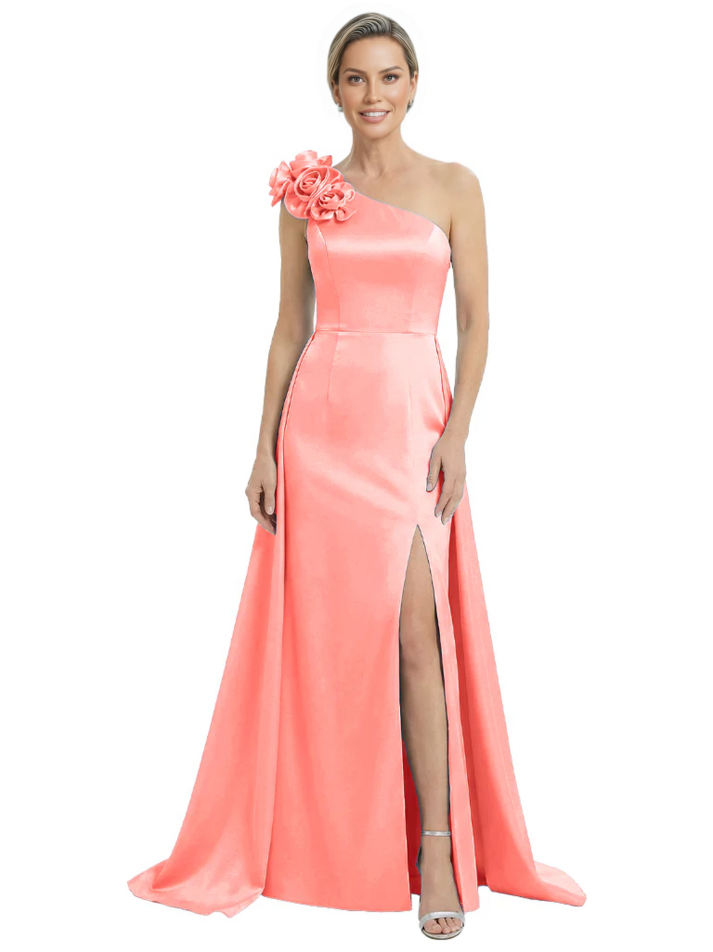 One Shoulder Mother of the Bride Dress with 3D Floral Detail Formal Dress A-Line Gowns with Slit