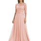 Illusion Neck Mother of the Bride Dress Half Sleeve Lace Applique Gowns Chiffon